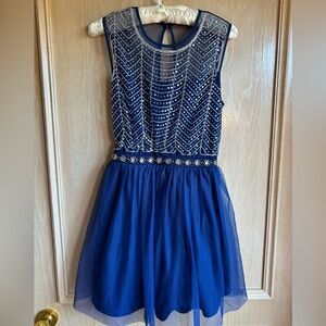 Sparkly Silver Rhinestone Royal Blue Junior M Dress Sheer Shoulders & Back